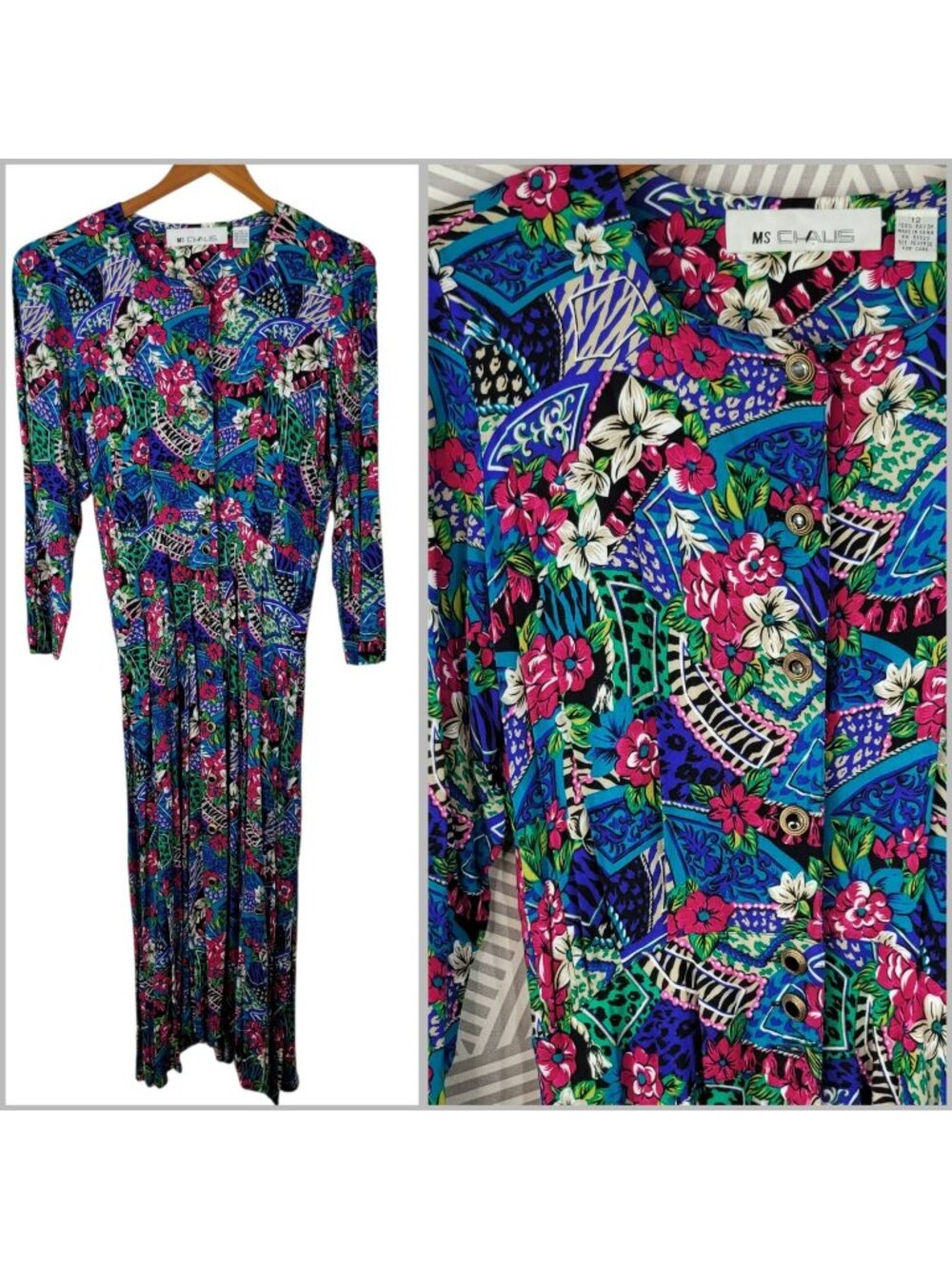 Vintage 80s Shirt Dress size 10-12 Midi Grunge Secretary Floral Pleated Flare